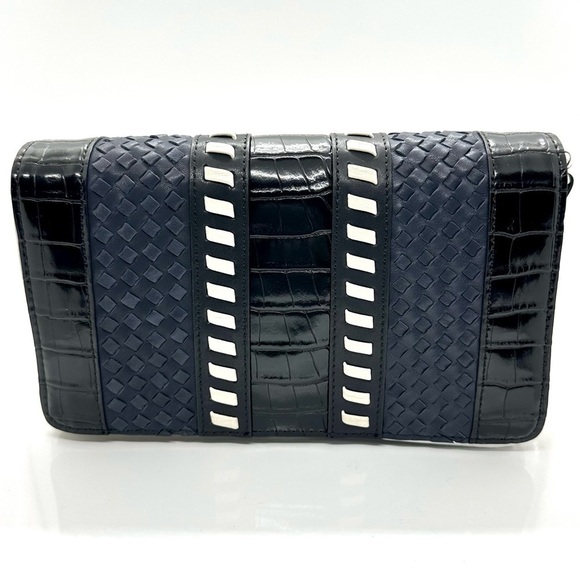 Sam Edelman Handbags - Hanna Leather Shoulder Purse Bag Navy Woven Embossed Crocodile Snake Print